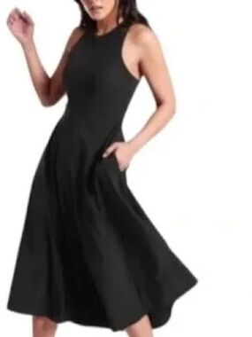 Athleta Black Sleeveless Midi Fit-and-Flare Dress